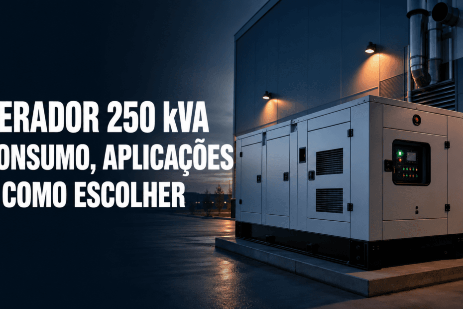 Gerador 250 kVA: consumo, aplicações e como escolher — capa com grupo gerador carenado.